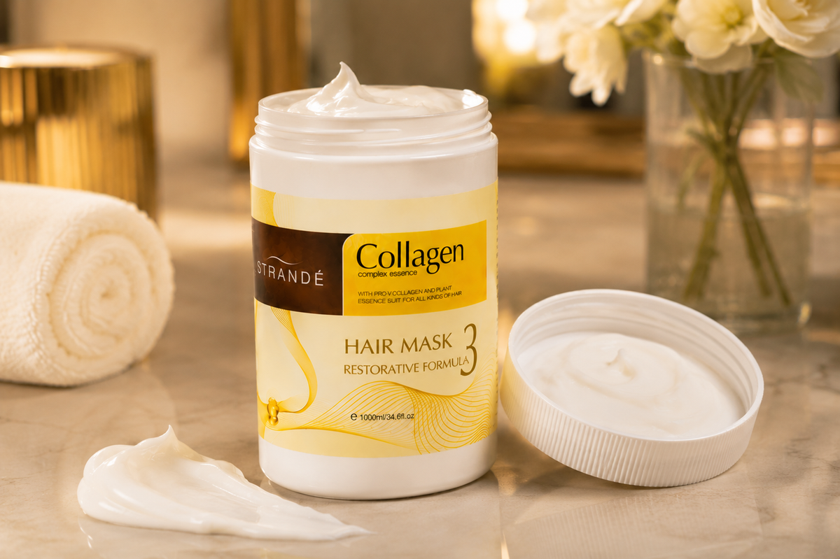 STRANDÉ Collagen Repair Hair Mask open, showing the cream