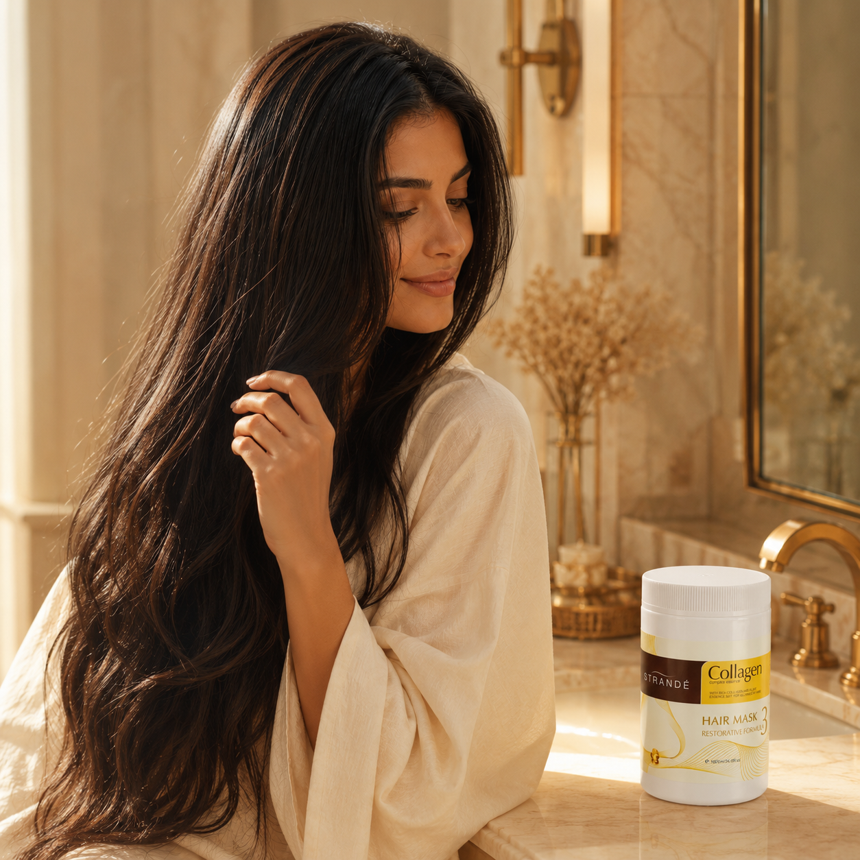 Woman with smooth shiny hair, STRANDE hair mask on marble vanity