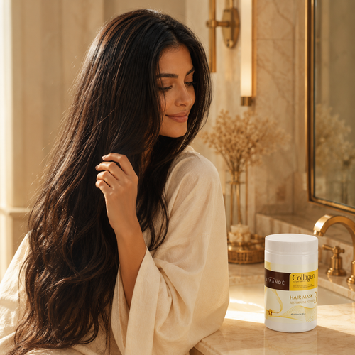 Woman with smooth shiny hair, STRANDE hair mask on marble vanity