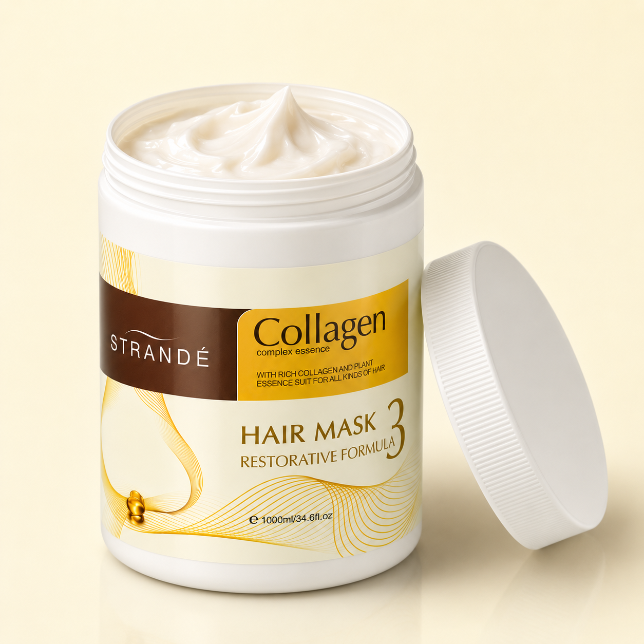 STRANDE hair mask opened, showing rich collagen cream texture