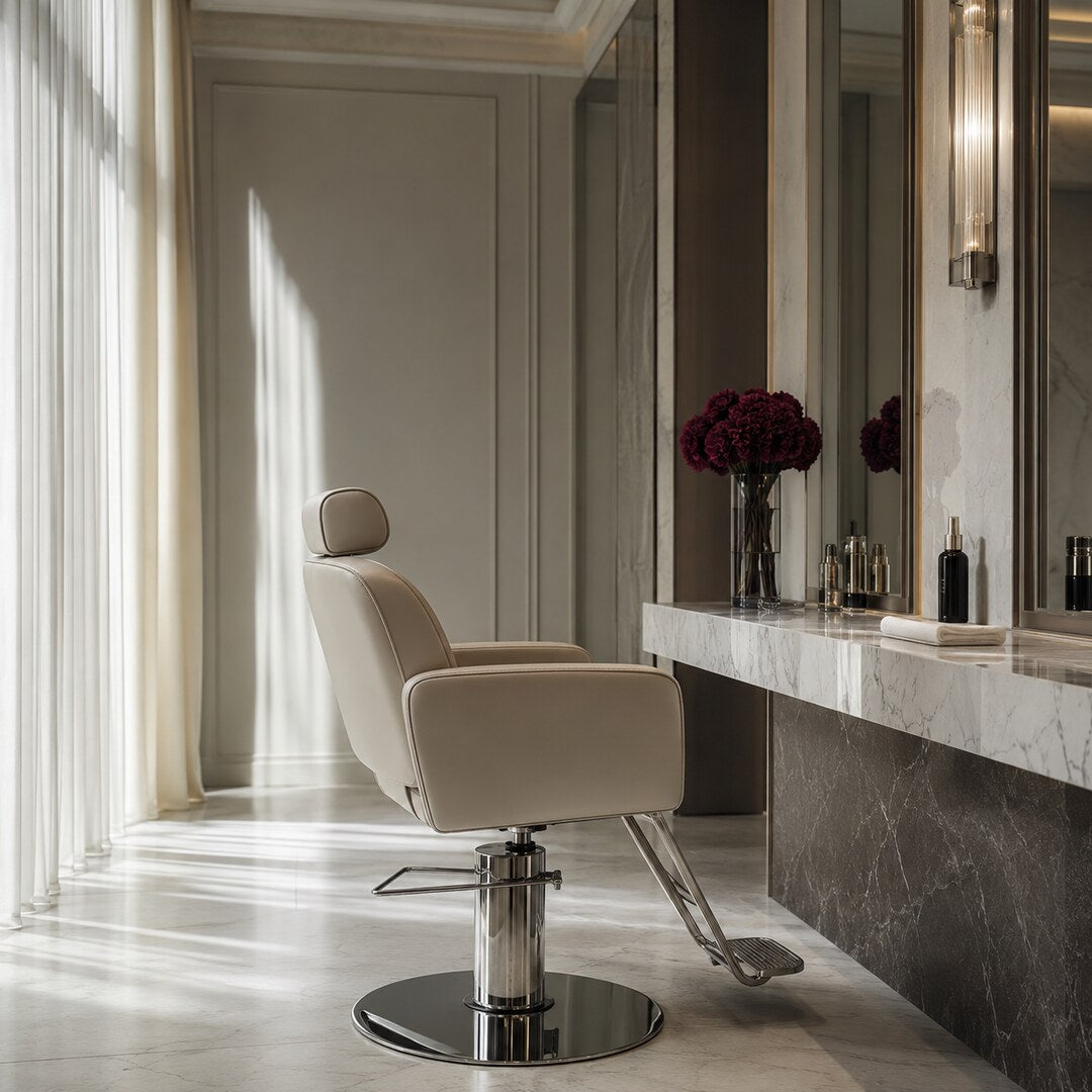 A quiet-luxury salon styling chair beside a marble vanity — the cost and time of a salon appointment